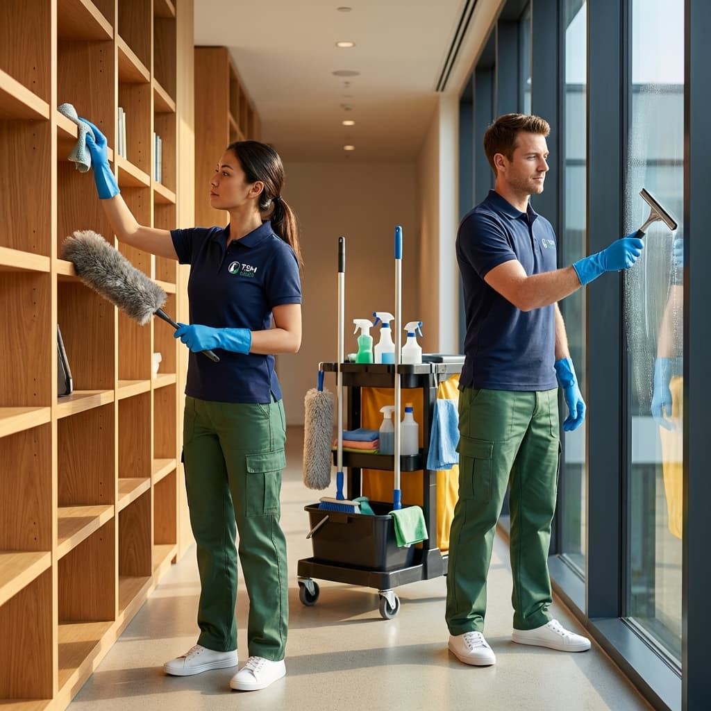 TSM cleaning team working together, dusting shelves and cleaning windows